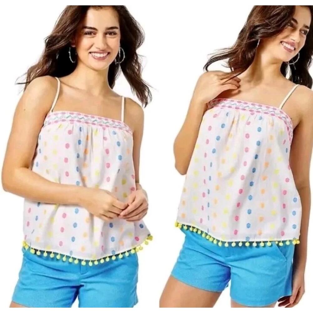 New Lilly Pulitzer Byrde Top Womens L White Tropical Dot Clip Pom Pom Cami Boho